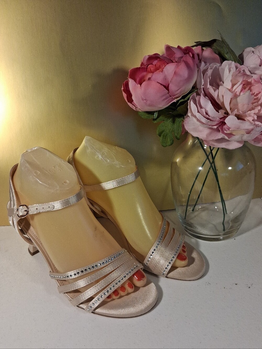 Cautgo Women's Shoes Beige Satin Rhinestone Heels Open Toe Sandals Size 6.5 36.5